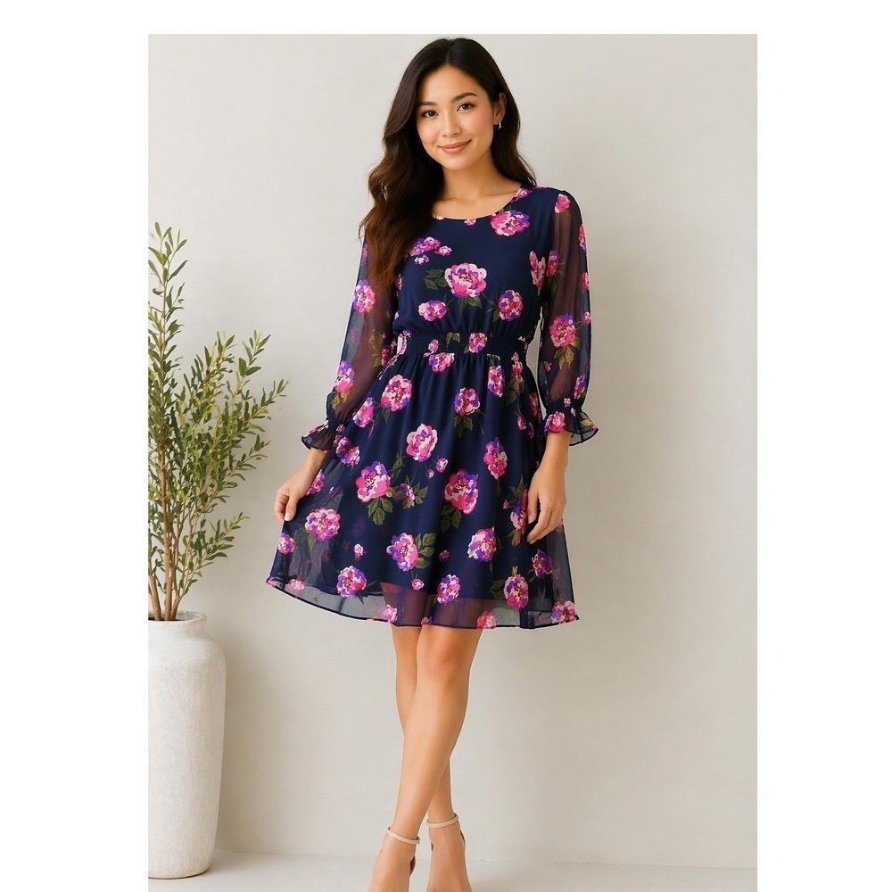 Maison Jules Navy Floral Dress Flowy Smocked Romantic Boho Chic Travel Medium